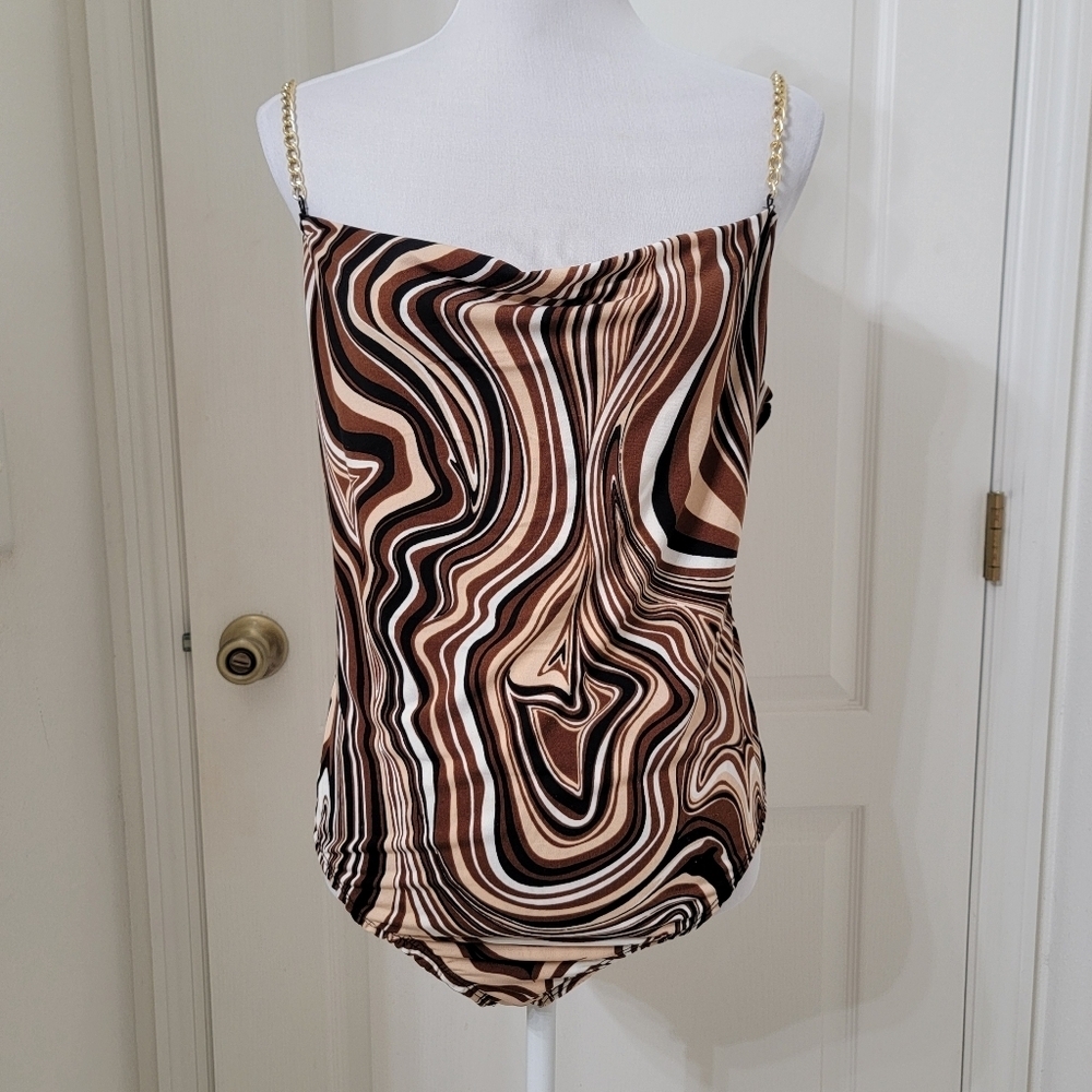 Rue21 Size XL Brown Marbled Swirl with Gold Chain Strap Bodysuit, Gently Used